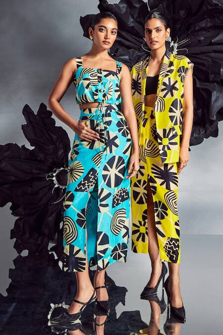 Maison Blu Blue Silk Square Neck Abstract Print Crop Top With Straight Skirt Online at Aza Fashions Maison Blu_Blue Silk Square Neck Abstract Print Crop Top With Straight Skirt _Online_at_Aza_Fashions