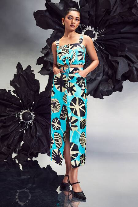 Shop Maison Blu Blue Silk Square Neck Abstract Print Crop Top With Straight Skirt Online at Aza Fashions Shop_Maison Blu_Blue Silk Square Neck Abstract Print Crop Top With Straight Skirt _Online_at_Aza_Fashions