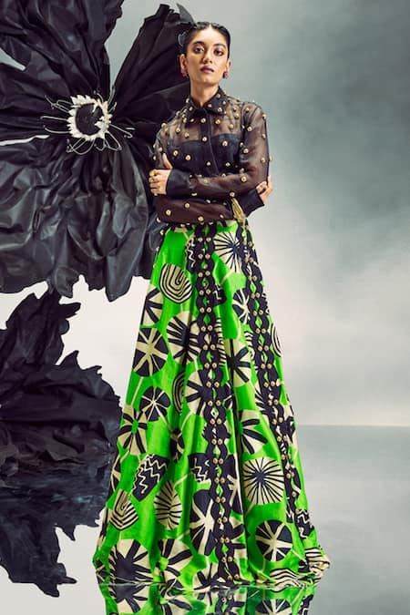 Maison Blu Green Sheer Silk Printed Abstract Collar Rick Rack Studded Lehenga With Shirt 