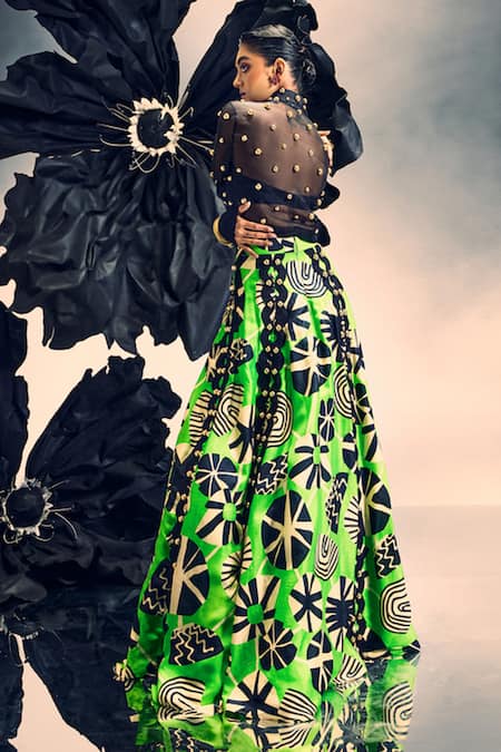 Maison Blu Rick Rack Studded Lehenga With Sheer Shirt 