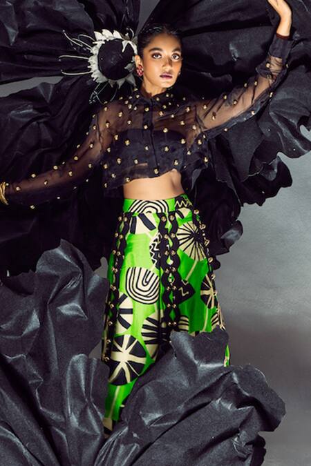 Buy_Maison Blu_Green , Organza Studs Rick Rack Studded Lehenga With Sheer Shirt _Online_at_Aza_Fashions
