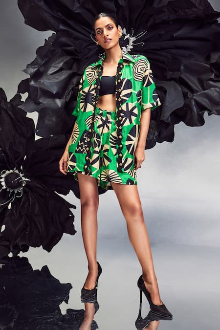 Maison Blu Emerald Green Silk Printed Abstract Collar Rick Rack Studded Shirt With Shorts 