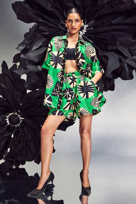 Buy_Maison Blu_Emerald Green Silk Studs Collared Rick Rack Studded Shirt With Shorts _Online_at_Aza_Fashions