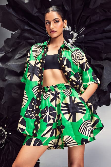 Shop_Maison Blu_Emerald Green Silk Studs Collared Rick Rack Studded Shirt With Shorts _Online_at_Aza_Fashions