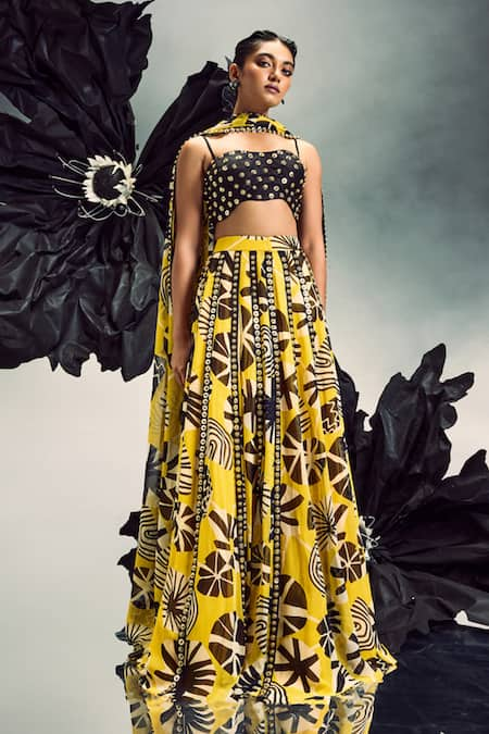 Maison Blu Yellow Georgette Printed Abstract Cutout Sequin Studded Lehenga With Bustier 