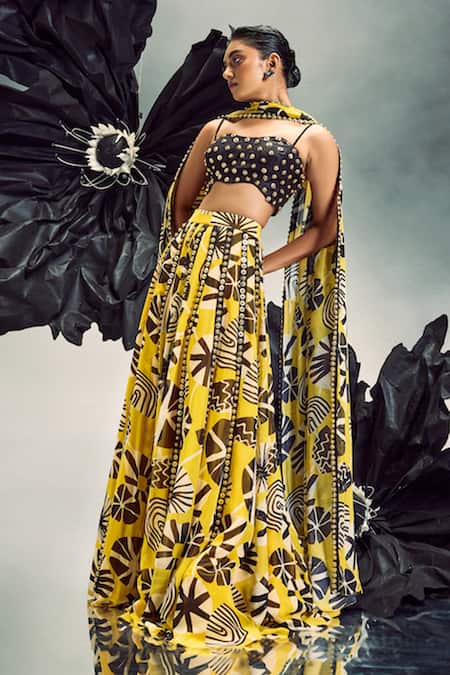 Maison Blu Yellow Silk, Georgette Sequins Asymmetric Studded Lehenga With Bustier Online at Aza Fashions Maison Blu_Yellow Silk, Georgette Sequins Asymmetric Studded Lehenga With Bustier _Online_at_Aza_Fashions