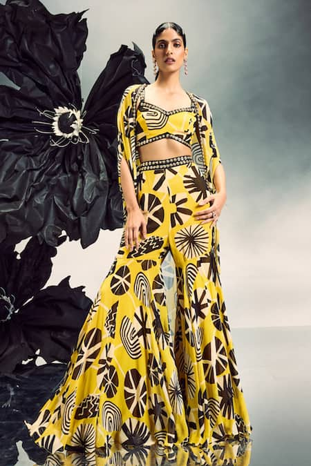 Maison Blu Yellow Georgette Printed Abstract Sweetheart Cape With Gharara Set 