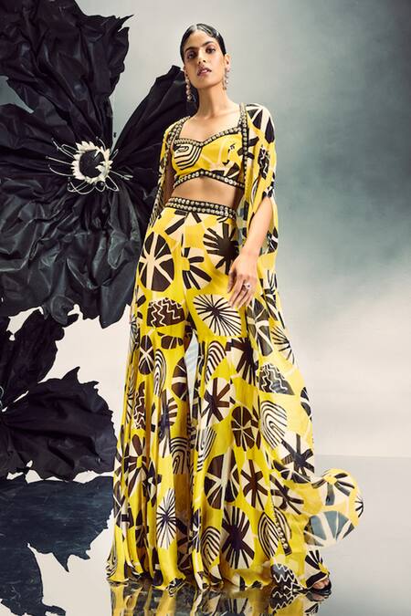 Buy Maison Blu Yellow Georgette Sequins Sweetheart Neck Abstract Print Cape With Gharara Set Online at Aza Fashions Buy_Maison Blu_Yellow Georgette Sequins Sweetheart Neck Abstract Print Cape With Gharara Set _Online_at_Aza_Fashions