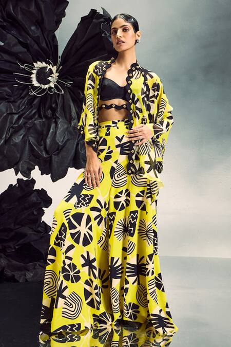 Maison Blu Yellow Sheer Silk Printed Abstract Open Front Short Cape With Sharara Set 