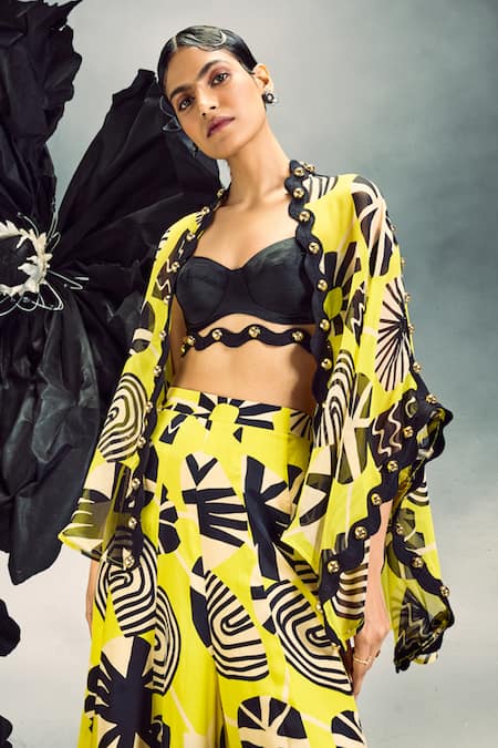 Maison Blu_Yellow Silk, Crepe Sequins, Studs Abstract Print Short Cape With Sharara Set _Online_at_Aza_Fashions