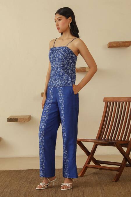 Muvazo_Blue Chanderi Embroidery, Beads Square Mayur Chitra Panel Tank Top Pant Set _Online_at_Aza_Fashions