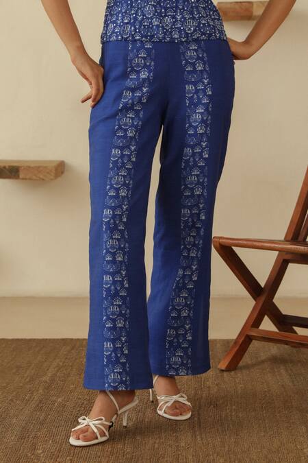 Buy_Muvazo_Blue Chanderi Embroidery, Beads Square Mayur Chitra Panel Tank Top Pant Set _Online_at_Aza_Fashions