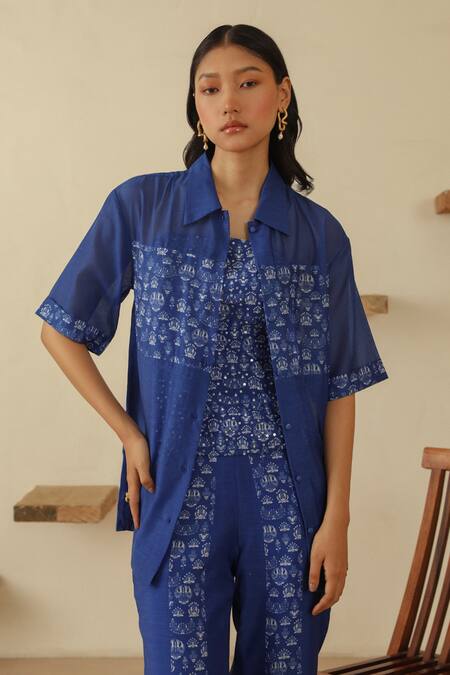 Muvazo_Blue Chanderi Embroidery, Beads Square Mayur Chitra Panel Tank Top Pant Set _at_Aza_Fashions