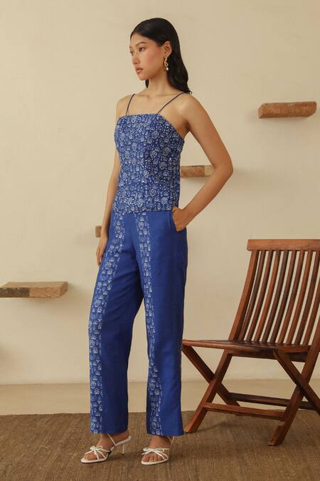 Muvazo_Blue Shirt Hand Embroidered Beads Tank Top Square Mayur Chitra Pant Set _Online_at_Aza_Fashions