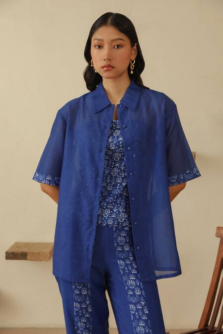Muvazo_Blue Shirt Hand Embroidered Beads Tank Top Square Mayur Chitra Pant Set _at_Aza_Fashions