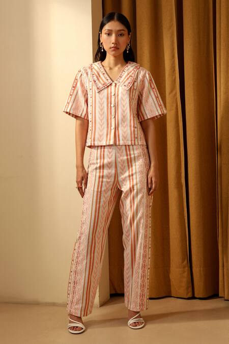 Shop_MUVAZO_Orange Cotton Jacquard Hand Embroidered Mirror Sailor Kutch Karigari Shirt _Online_at_Aza_Fashions