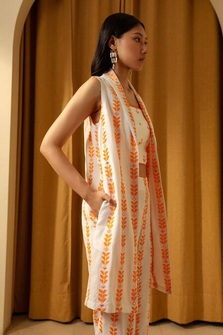 Shop_Muvazo_Orange Cotton Moss Jacquard Hand Embroidered Mirror Amber Sheesha Luxe Shrug _Online_at_Aza_Fashions