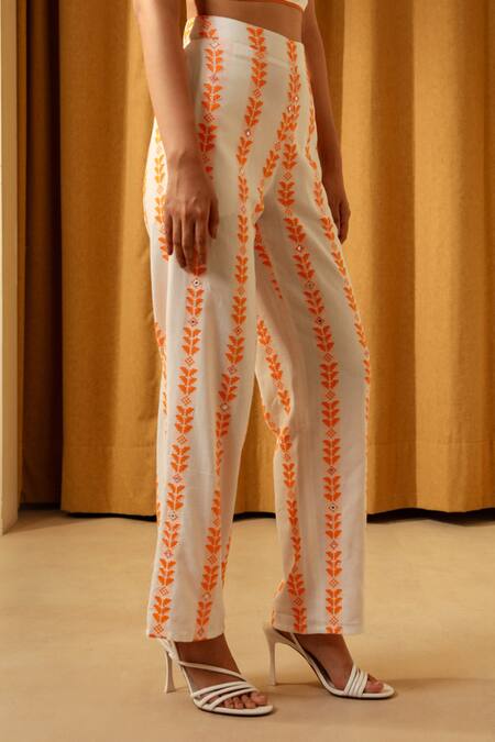 Buy Muvazo Orange Cotton Mirrors Amber Sheesha Luxe Pant Online at Aza Fashions Buy_Muvazo_Orange Cotton Mirrors Amber Sheesha Luxe Pant _Online_at_Aza_Fashions