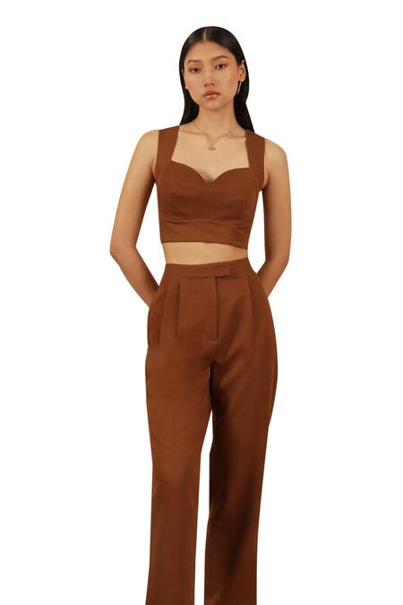 Muvazo Brown Crepe Pleated Pant Online at Aza Fashions Muvazo_Brown Crepe Pleated Pant _Online_at_Aza_Fashions