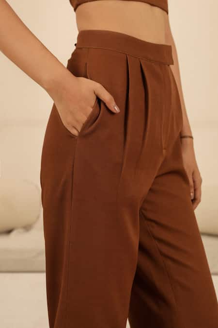 Muvazo Brown Crepe Pleated Pant at Aza Fashions Muvazo_Brown Crepe Pleated Pant _at_Aza_Fashions
