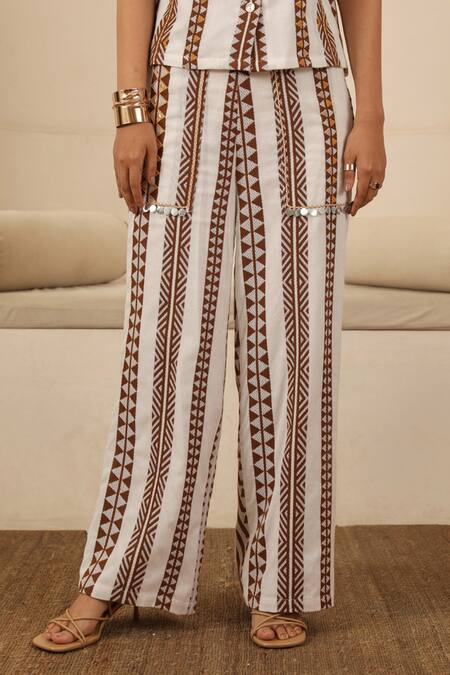 Muvazo Brown Cotton Beads Toda Textured Pant Online at Aza Fashions Muvazo_Brown Cotton Beads Toda Textured Pant _Online_at_Aza_Fashions