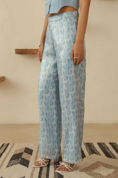 Muvazo_Sky Blue Satin, Polyester Chitra Soochi Abstract Print Pant _Online_at_Aza_Fashions