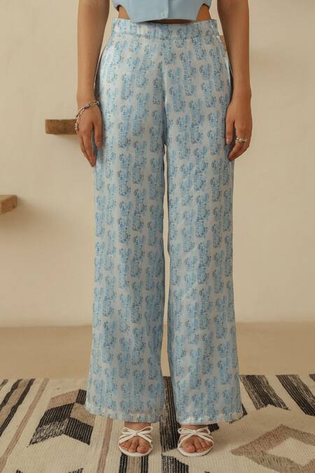 Buy_Muvazo_Sky Blue Satin, Polyester Chitra Soochi Abstract Print Pant _Online_at_Aza_Fashions