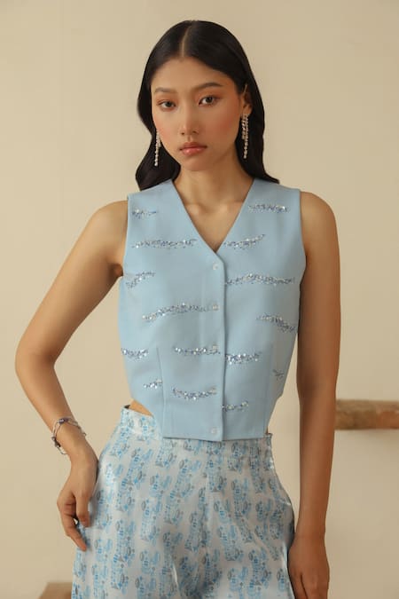 MUVAZO Sky Blue Poly Interlock Hand Embroidered Beads V-neck Belle Waistcoat 