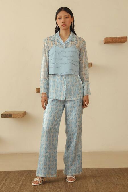 Muvazo Sky Blue Satin Sequins, Beads V-neck Belle Tank Top Online at Aza Fashions Muvazo_Sky Blue Satin Sequins, Beads V-neck Belle Tank Top _Online_at_Aza_Fashions