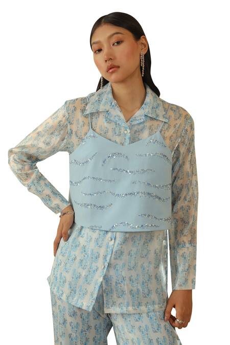 Buy Muvazo Sky Blue Satin Sequins, Beads V-neck Belle Tank Top Online at Aza Fashions Buy_Muvazo_Sky Blue Satin Sequins, Beads V-neck Belle Tank Top _Online_at_Aza_Fashions