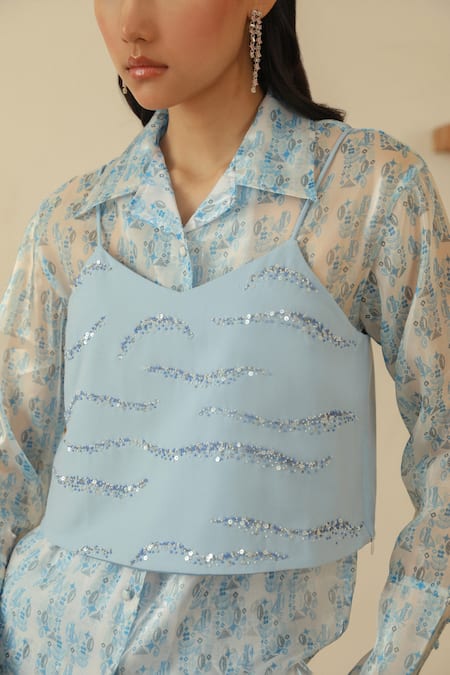 Shop Muvazo Sky Blue Satin Sequins, Beads V-neck Belle Tank Top Online at Aza Fashions Shop_Muvazo_Sky Blue Satin Sequins, Beads V-neck Belle Tank Top _Online_at_Aza_Fashions