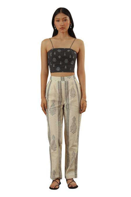 Muvazo_White Cotton Embroidery Boteh Print Pant _Online_at_Aza_Fashions