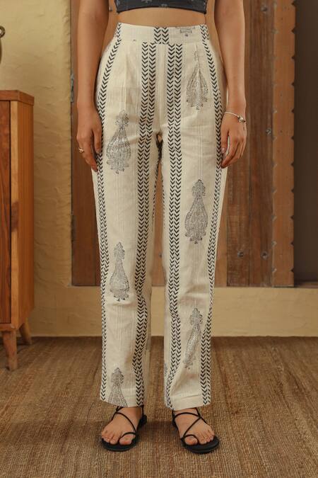 Buy_Muvazo_White Cotton Embroidery Boteh Print Pant _Online_at_Aza_Fashions