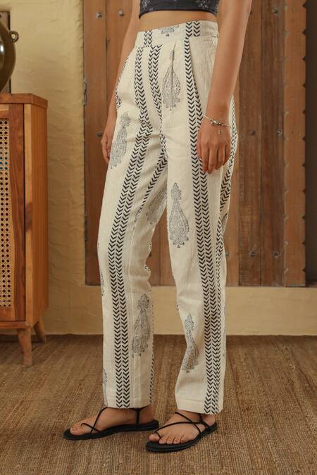 Shop_Muvazo_White Cotton Embroidery Boteh Print Pant _Online_at_Aza_Fashions