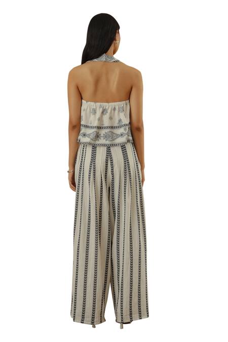 Shop Muvazo White Cotton Mirrors, Embroidery Halter Neck Paisley Print Top Online at Aza Fashions Shop_Muvazo_White Cotton Mirrors, Embroidery Halter Neck Paisley Print Top _Online_at_Aza_Fashions