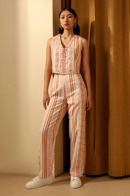 Muvazo Orange Cotton, Jacquard Mirrors, Embroidery Kutch Karigari Waistcoat With Pant Online at Aza Fashions Muvazo_Orange Cotton, Jacquard Mirrors, Embroidery Kutch Karigari Waistcoat With Pant _Online_at_Aza_Fashions