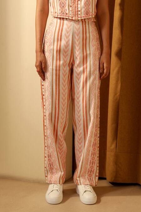 Muvazo Orange Cotton Embroidery, Mirrors Scoop Neck Kutch Karigari Waistcoat With Pant Online at Aza Fashions Muvazo_Orange Cotton Embroidery, Mirrors Scoop Neck Kutch Karigari Waistcoat With Pant _Online_at_Aza_Fashions