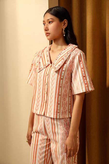 Buy Muvazo Orange Cotton Embroidery, Mirrors Scoop Neck Kutch Karigari Waistcoat With Pant Online at Aza Fashions Buy_Muvazo_Orange Cotton Embroidery, Mirrors Scoop Neck Kutch Karigari Waistcoat With Pant _Online_at_Aza_Fashions