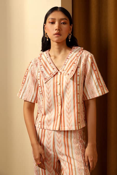 Shop Muvazo Orange Cotton Embroidery, Mirrors Scoop Neck Kutch Karigari Waistcoat With Pant Online at Aza Fashions Shop_Muvazo_Orange Cotton Embroidery, Mirrors Scoop Neck Kutch Karigari Waistcoat With Pant _Online_at_Aza_Fashions