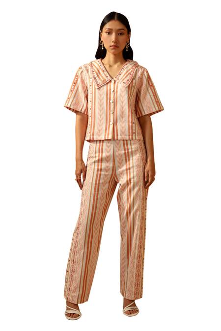 Muvazo Orange Cotton Embroidery, Mirrors Scoop Neck Kutch Karigari Waistcoat With Pant at Aza Fashions Muvazo_Orange Cotton Embroidery, Mirrors Scoop Neck Kutch Karigari Waistcoat With Pant _at_Aza_Fashions