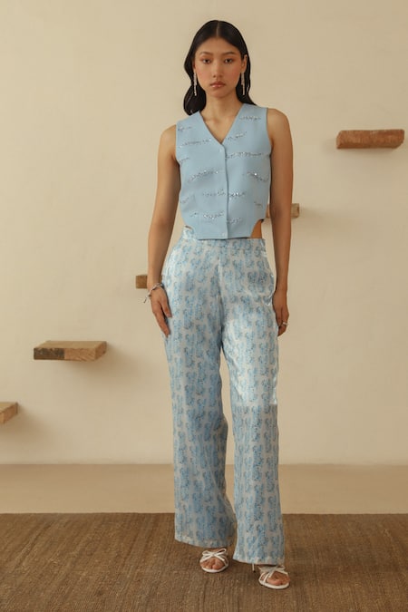 MUVAZO Sky Blue Waistcoat Poly Interlock Hand Belle With Abstract Print Pant 