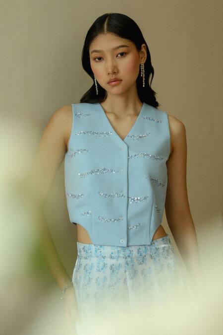 Muvazo_Sky Blue Polyester Sequins, Beads Belle Waistacoat With Abstract Print Pant _at_Aza_Fashions