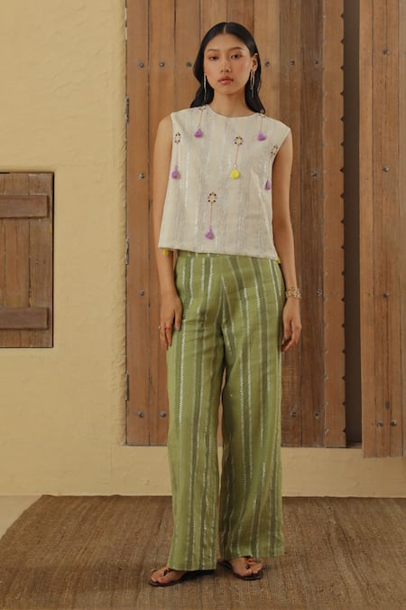 MUVAZO Lurex Weave Hand Embroidered Top With Pant 