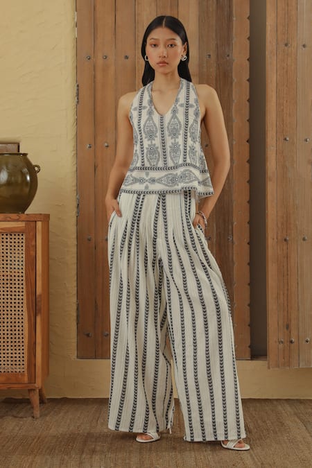 MUVAZO White Cotton Dobby Hand Embroidered Mirror Halter Top With Wide Leg Pant 