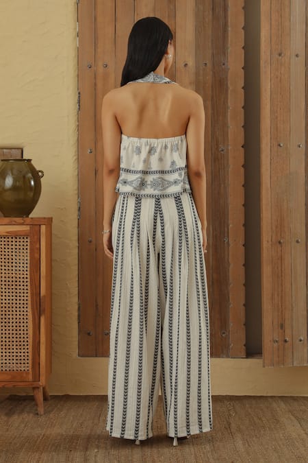 Muvazo Hand Embroidered Halter Top With Wide Leg Pant 