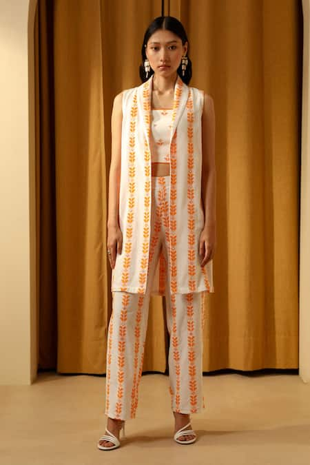 MUVAZO Orange Cotton Moss Jacquard Hand Embroidered Textured Pant Set With Shrug 