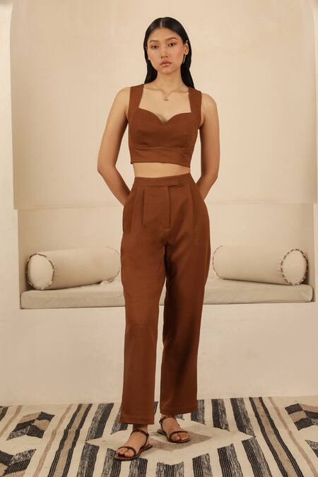 Muvazo_Brown Crepe, Cotton Mirrors Sweetheart Neck, Raas Kathia Top Pant Set With Shrug _Online_at_Aza_Fashions