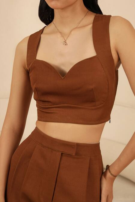 Shop_Muvazo_Brown Crepe, Cotton Mirrors Sweetheart Neck, Raas Kathia Top Pant Set With Shrug _Online_at_Aza_Fashions