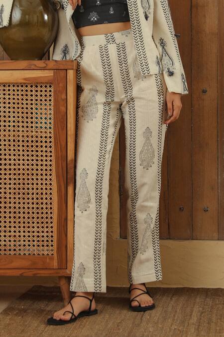 Muvazo_White , Satin Beads, Tassels, Sequins, Boteh Print Jacket Pant Set _Online_at_Aza_Fashions