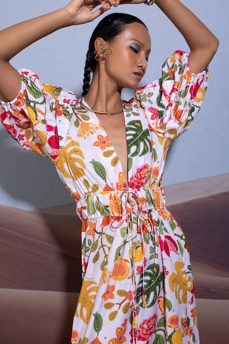 Shop_Pop Sugar_Multi Color 100% Cotton Printed Bird Plunge V Opulent Leaf Maxi Dress _at_Aza_Fashions
